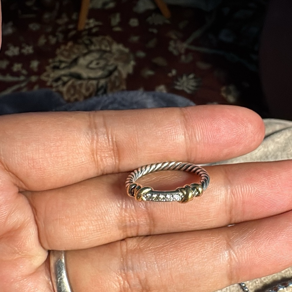 David Yurman Silver and Gold Twisted Ring with Diamond Accents